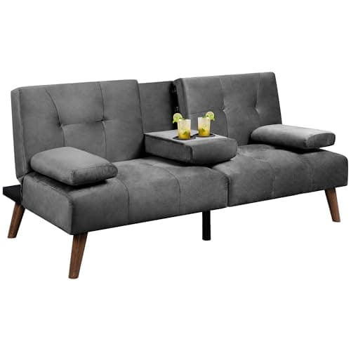 Walsunny Velvet Futon Sofa Bed with Cup Holder and Adjustable Backrest