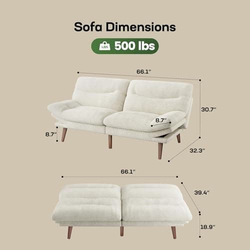 Marsail Corduroy Futon Sofa Bed, Adjustable Backrest, White