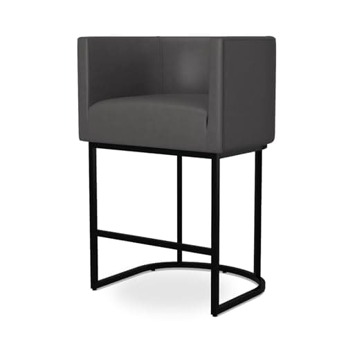 Counter Height Bar Stools with Back and Armrest, Black Metal Frames, Upholstered in Dark Grey Faux Leather