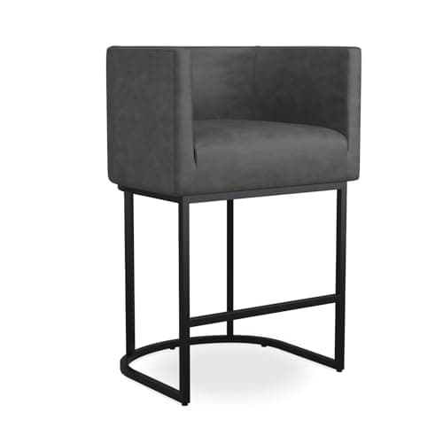 Modern counter height bar stool with backrest and cushion seat.