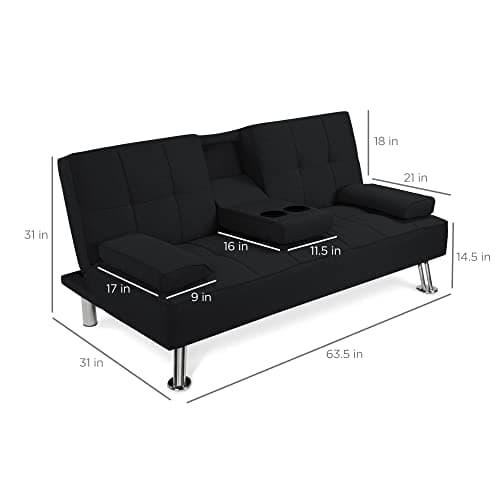 Best Choice Products Reclining Linen Folding Futon Sofa Bed, 2 Cupholders - Black