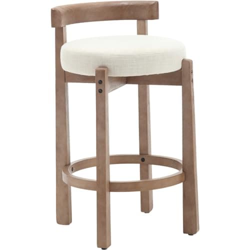 Mid-Century Linen Upholstered Bar Stools, Beige, Set of 2
