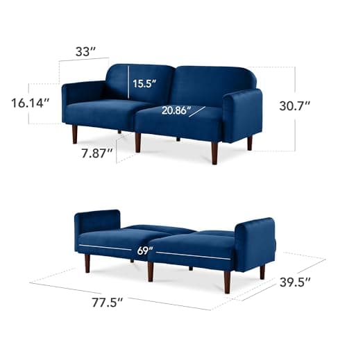 Best Choice Products 77" Mid Century Modern Velvet convert. sofa sleeper, real wood, navy blue
