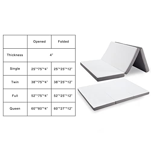 Kingfun 4 Inch Tri-Fold Gel Memory Foam Mattress, Queen Size, Gray