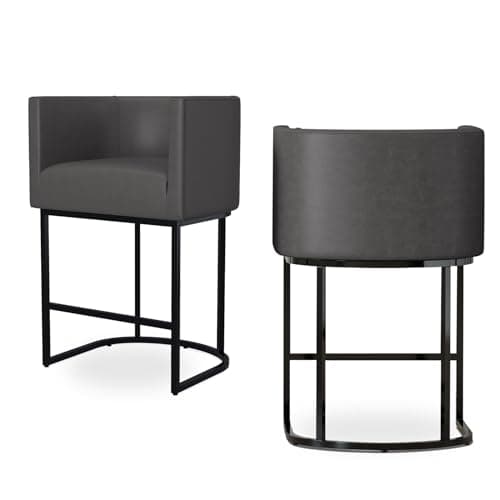 Counter Height Bar Stools with Back and Armrest, Black Metal Frames, Upholstered in Dark Grey Faux Leather