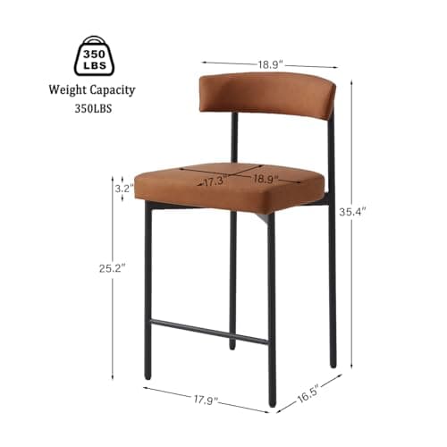 Modern Brown Faux Leather Bar Stool Set, 24 Inch Curved Back, Kitchen Island Counter Height