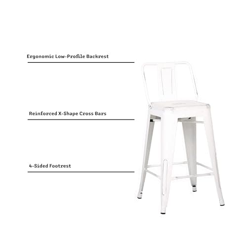 AC Pacific Rustic Style Modern Metal Barstool Set of 2 - Distressed White, Low Back