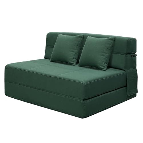 ANONER Queen Size Fold Out Couch Bed with Memory Foam, 2 Pillows, Dark Green