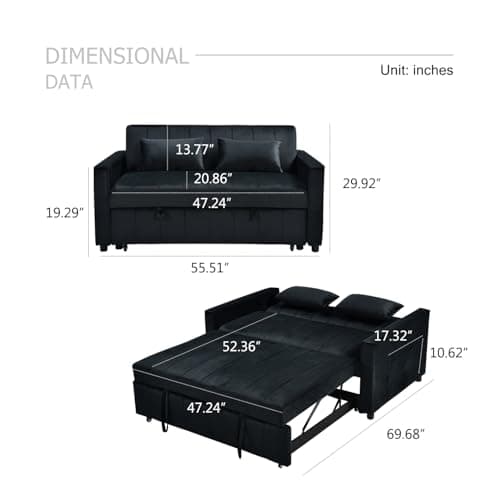 55.51" Black Velvet Futon Sofa Bed with Pullout Bed & Adjustable Backrest