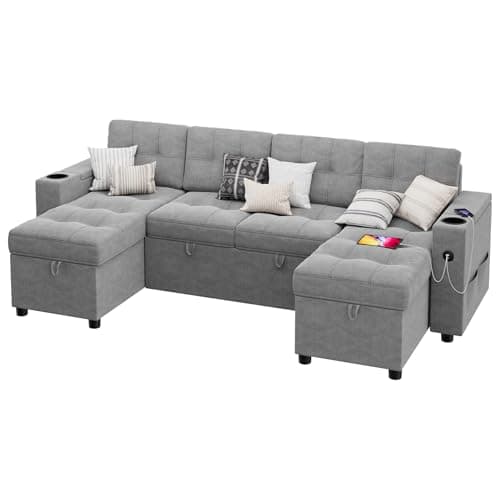 GAOMON Dark Gray 112" U-Shaped Sleeper Sofa with Storage Chaise & Charging Ports
