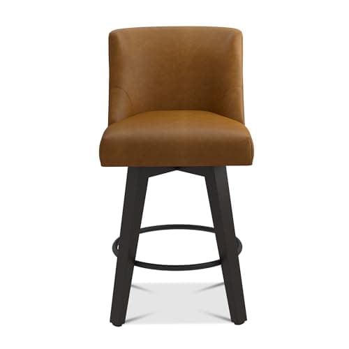 360° Swivel Counter Barstool Set of 1, 26 inch Height Kitchen Island Stool with Solid Wood Legs, Faux Leather Upholstered, Brown