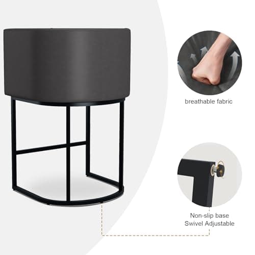 Counter Height Bar Stools with Back and Armrest, Black Metal Frames, Upholstered in Dark Grey Faux Leather