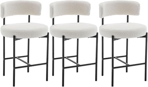24" Modern White Bar Stools with Backs, Boucle Set of 2 for Kitchen Island, Bar, Cafe