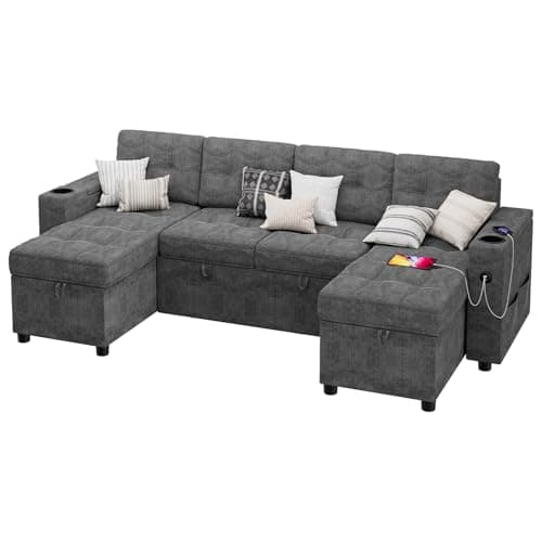 GAOMON Dark Gray 112" U-Shaped Sleeper Sofa with Storage Chaise & Charging Ports