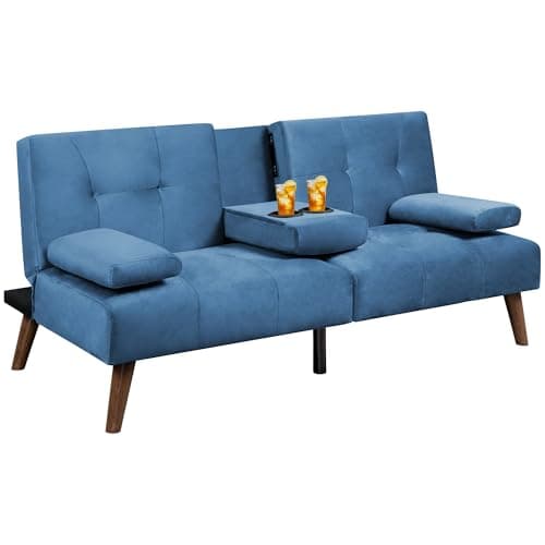 Walsunny Velvet Futon Sofa Bed with Cup Holder and Adjustable Backrest