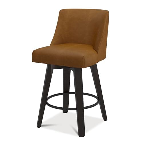 360° Swivel Counter Barstool Set of 1, 26 inch Height Kitchen Island Stool with Solid Wood Legs, Faux Leather Upholstered, Brown