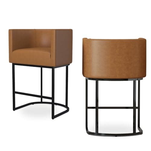 Counter Height Bar Stools with Back and Armrest, Black Metal Frames, Upholstered in Dark Grey Faux Leather