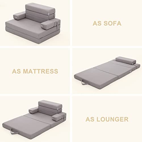 Dark Grey Foldable Mattress Couch with Headrest, 4 Inch Foam, Portable Queen, Camping & Road Trips