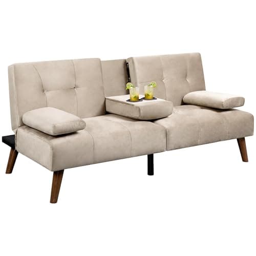 Walsunny Velvet Futon Sofa Bed with Cup Holder and Adjustable Backrest