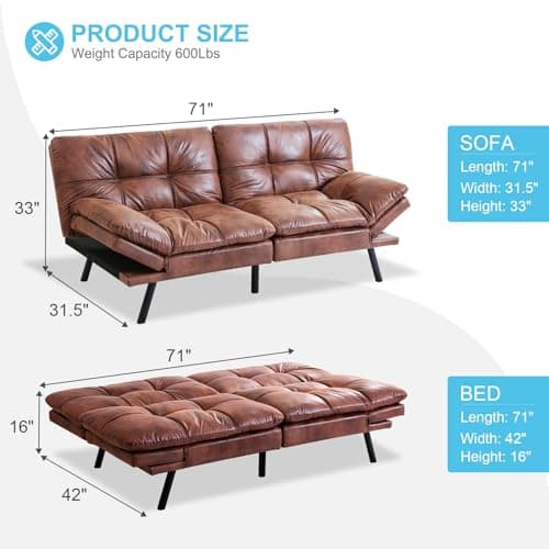 Convertible Futon Sofa Bed with Memory Foam and Adjustable Backrest