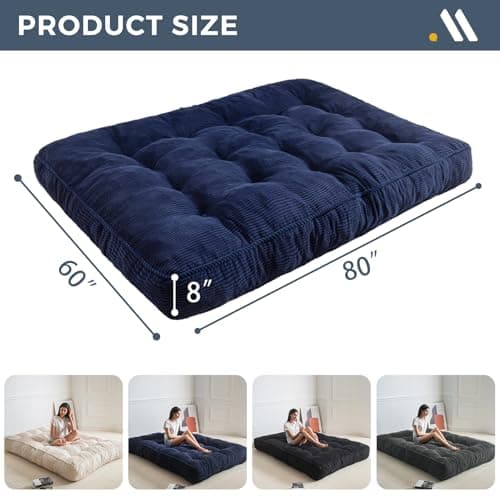MAXYOYO Queen Size Ultra Thick Futon Mattress Sofa Bed, Shredded Foam Filling, Corded Fabric, Navy