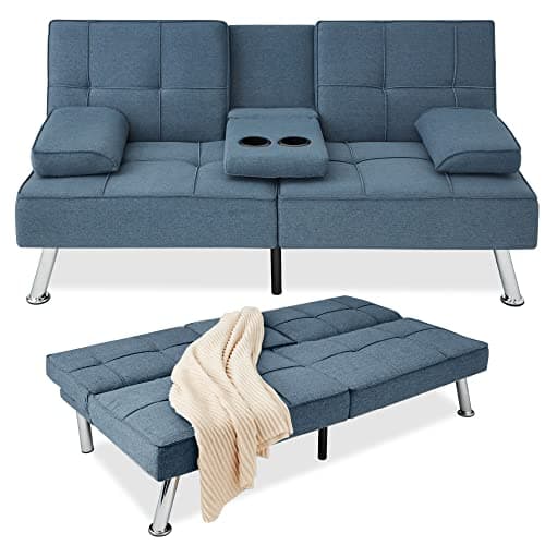 Best Choice Products Reclining Linen Folding Futon Sofa Bed, 2 Cupholders - Black