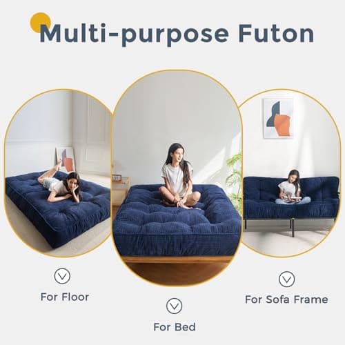 MAXYOYO Queen Size Ultra Thick Futon Mattress Sofa Bed, Shredded Foam Filling, Corded Fabric, Navy