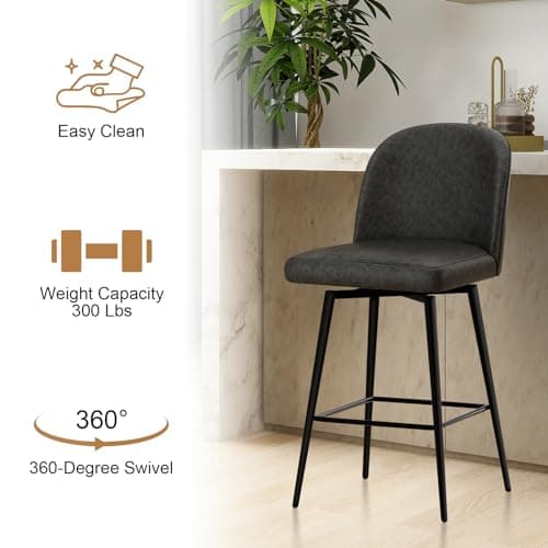 Set of 3 Counter Height Swivel Bar Stools with Backs and Footrest, Black