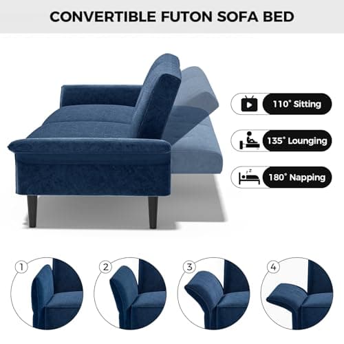 89" Velvet Fabric Comfy Futon Couch Bed with Adjustable Backrest & Armrests for Living Room Sleepers