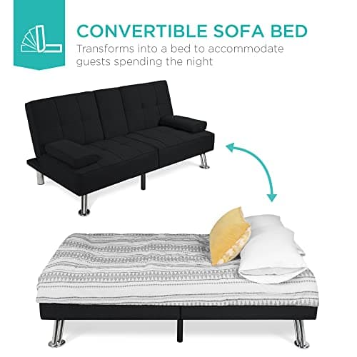 Best Choice Products Reclining Linen Folding Futon Sofa Bed, 2 Cupholders - Black