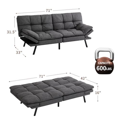 MUUEGM Linen Dark Grey Memory Foam Convertible Futon Couch Bed, 71" Adjust Backrest Armrests.