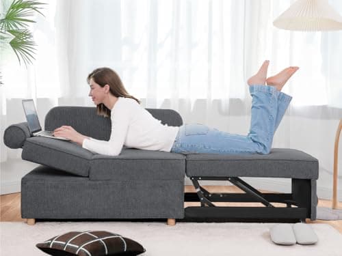 4-in-1 Convertible Couch: Linen Fabric Sleeper Sofa Bed with 2 Pillows & 5 Angle Adjustments