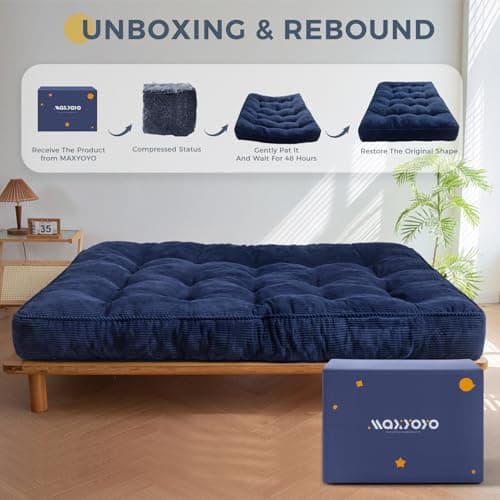 MAXYOYO Queen Size Ultra Thick Futon Mattress Sofa Bed, Shredded Foam Filling, Corded Fabric, Navy
