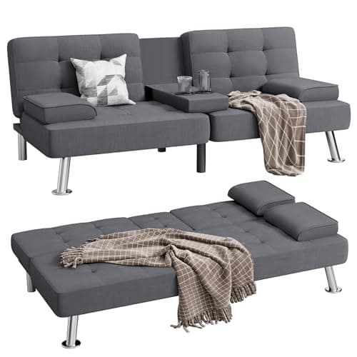 Shahoo Dark Grey Linen Convertible Futon Sofa Bed with Removable Arms