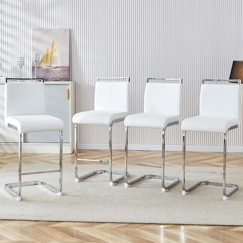 White Counter Height Bar Stools withbacks Set of 4 Chrome Legs Ideal for Kitchen Dining Island Bar