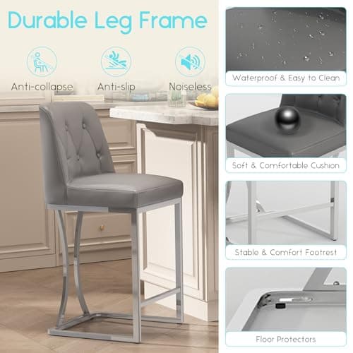Grey Counter Stools with Back, Silver Metal Frame, Set of 4