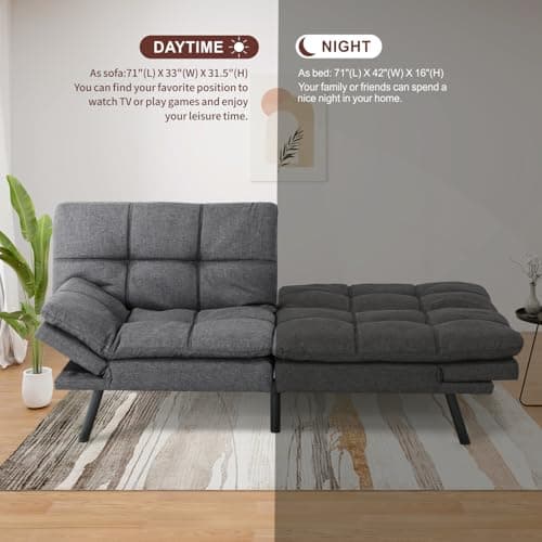 MUUEGM Linen Dark Grey Memory Foam Convertible Futon Couch Bed, 71" Adjust Backrest Armrests.
