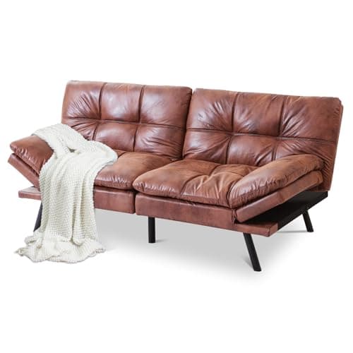Memory Foam Sofa Bed with Removable Armrests, Brown Leather Futon for Compact Living Spaces