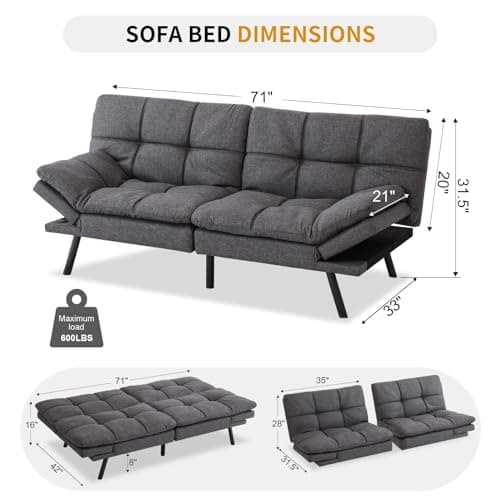Convertible Memory Foam Futon Couch Bed, Adjustable Backrests Armrests Sleeper Sofa, Modern Love Seat Daybed for Living Room, Small Space, Office, 71, Linen Grey
