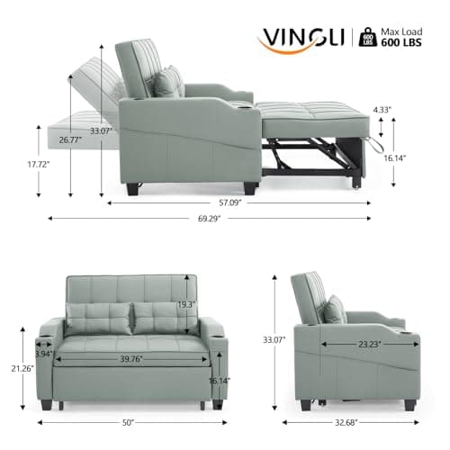 VINGLI Light Green Futon Loveseat with USB Ports & Cup Holders