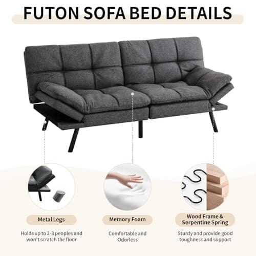 Modern Futon Sofa Bed for Small Spaces: Memory Foam, Convertible Couch.