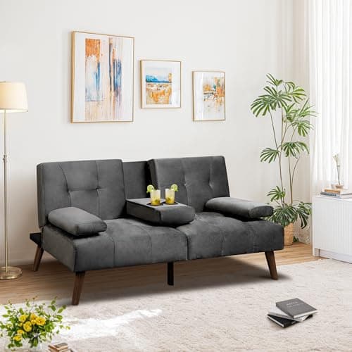 Walsunny Velvet Futon Sofa Bed with Cup Holder and Adjustable Backrest