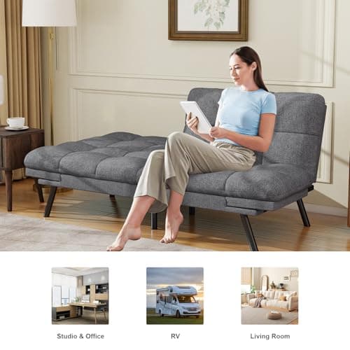MUUEGM Light Gray Linen Reversible Recliner Sofa Bed for Small Spaces
