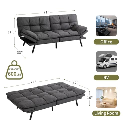 MUUEGM 71 Futon Couch with Memory Foam and Adjustable Backrest - Dark Grey