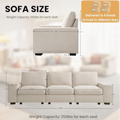 TEKAMON Comfy 3-Seater Chenille Storage Sofa W/Deep Seat, Wide Arms, USB & Removable Cover