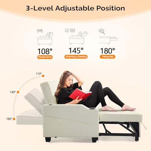 VINGLI Beige Faux Leather Pullout Sofa Bed with USB Ports