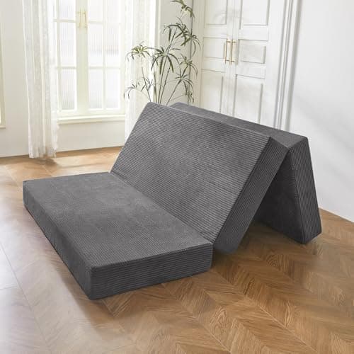 BYBYME 6 Inch Gel Tri-Fold Corduroy Mattress Topper, Washable Cover (Carbon Gray, Full)