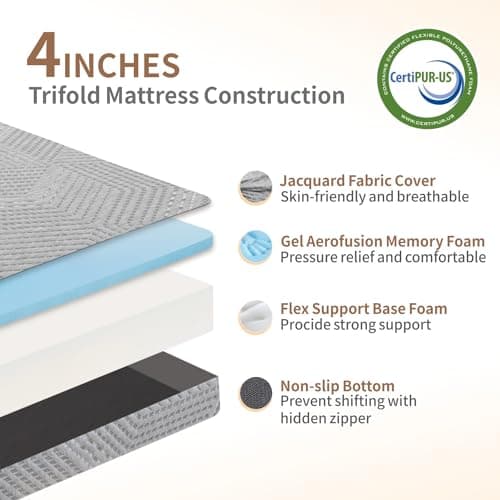 Foldable Twin Memory Foam Mattress with Washable Cover, 4 Inch Thickness
