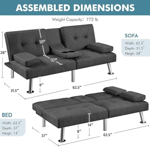 Yaheetech Dark Gray Reversible Couch Bed with Removable Armrests & Cup Holders