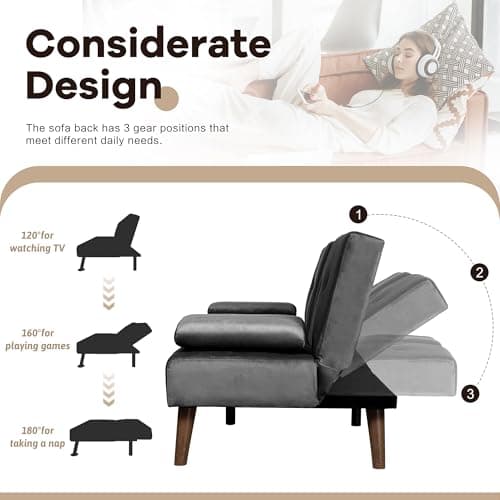 Walsunny Velvet Futon Sofa Bed with Cup Holder and Adjustable Backrest